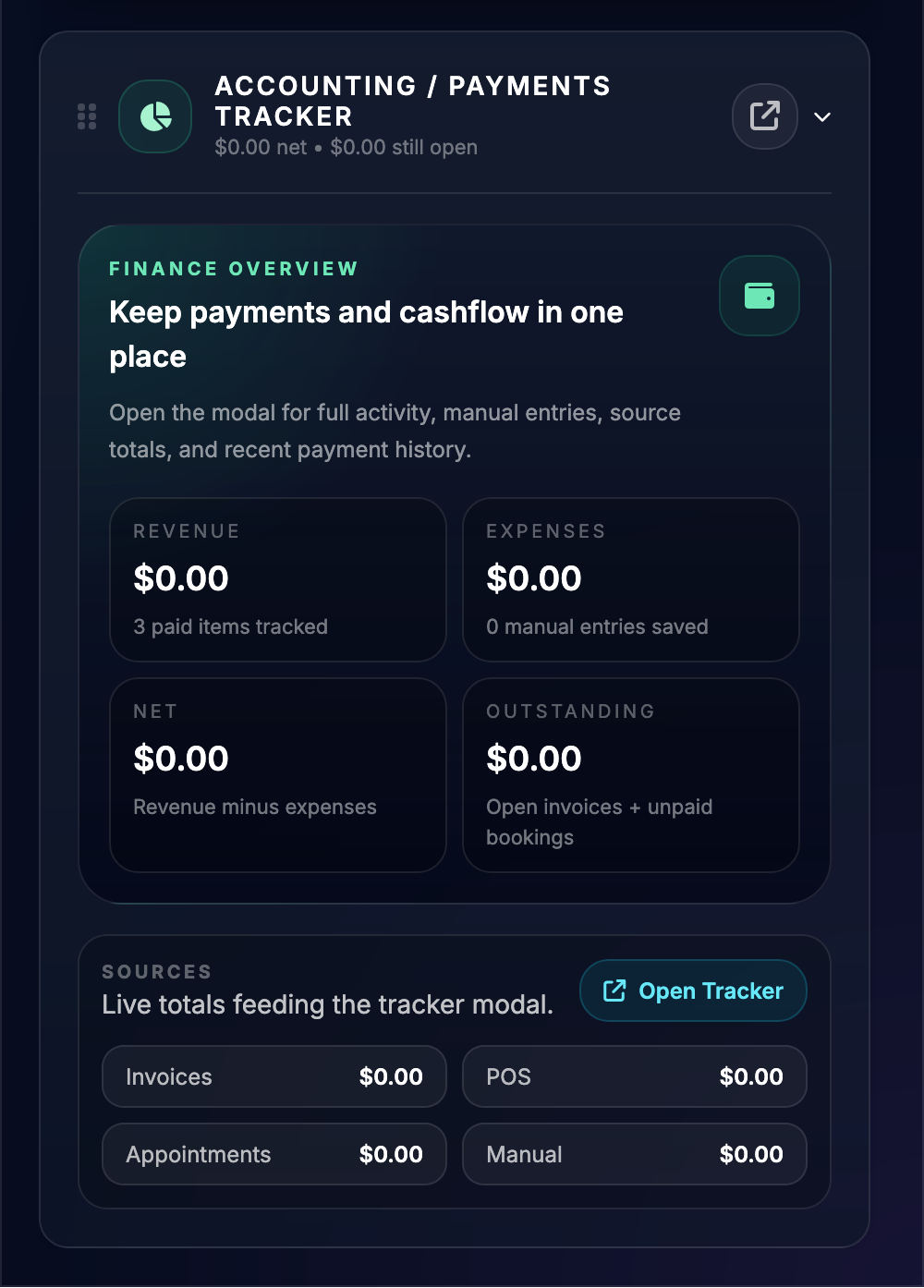 Accounting and payments tracker screenshot