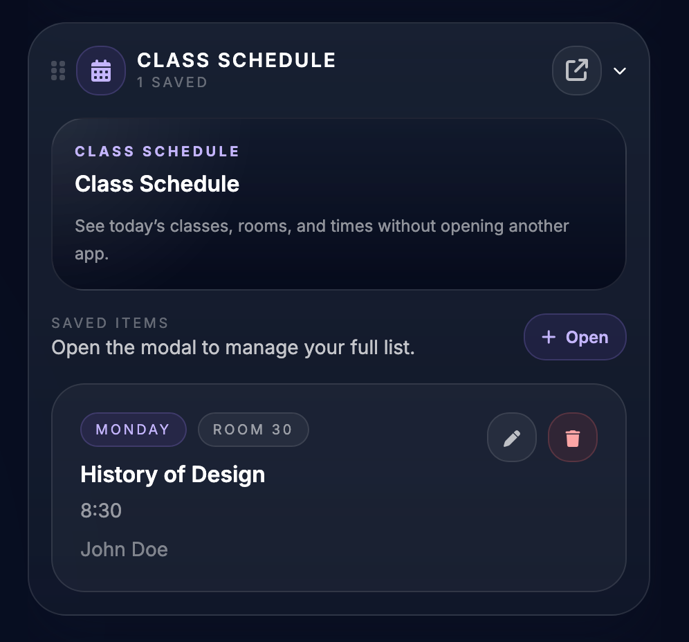 Class schedule screenshot