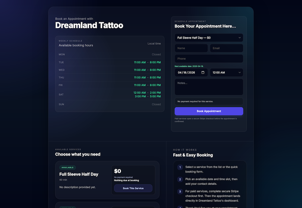 Public booking page screenshot