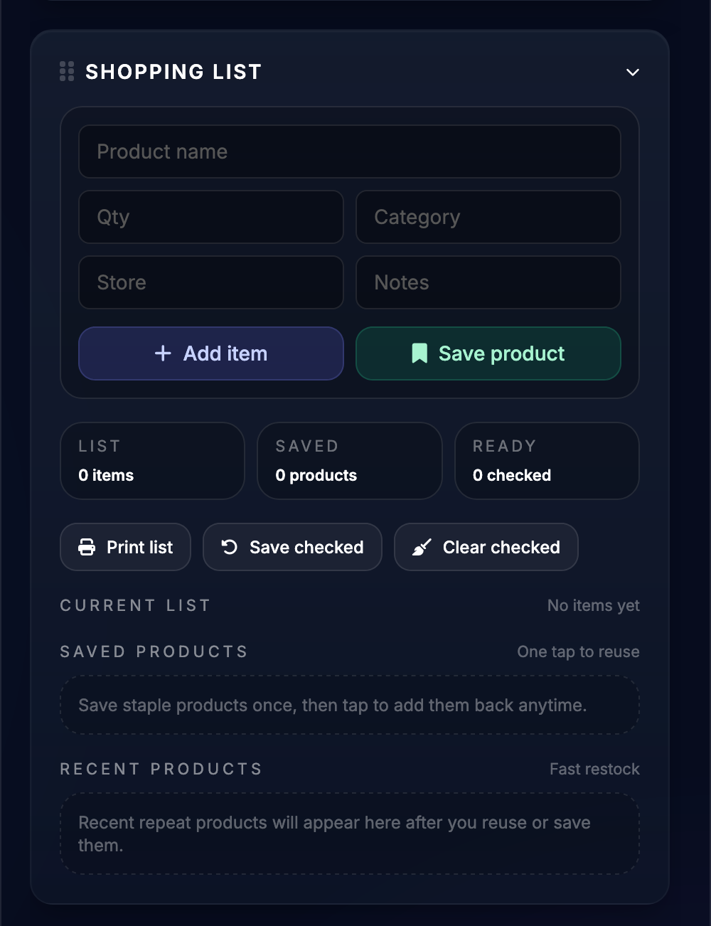 Shopping list widget