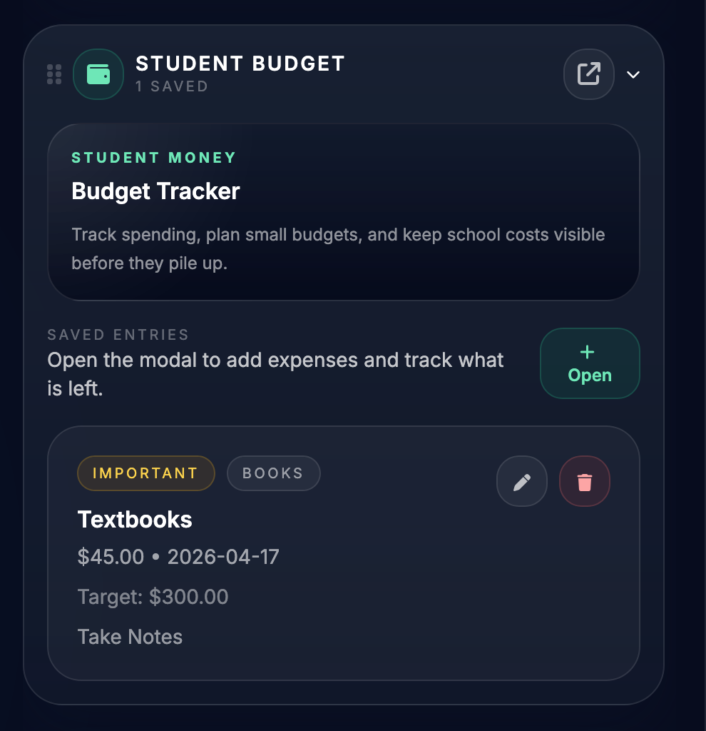 Student budget screenshot